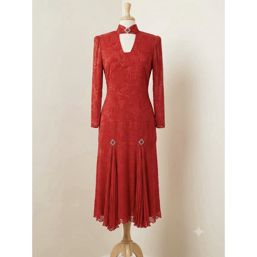 Vtg 80s Jayna Red Velvet Jacquard Long Sleeve Choker Neckline Drop Waist Sz M